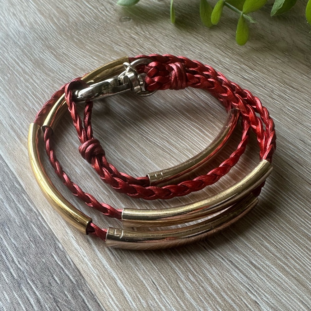 Lizzy James Addison Braided Red Leather Wrap Bracelet in Gold & Silver
